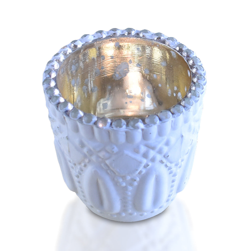 Faceted Vintage Mercury Glass Candle Holder (2.75-Inch, Lillian Design, Antique White) - For Use with Tea Lights - For Home Decor and Wedding Decorations - PaperLanternStore.com - Paper Lanterns, Decor, Party Lights & More