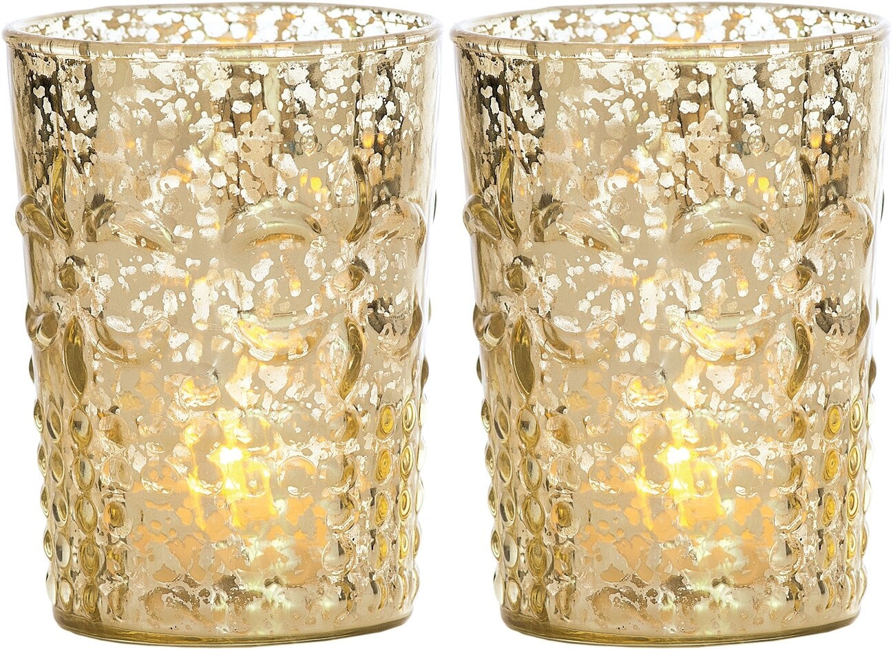 Vintage Mercury Glass Candle Holder (4-Inch, Fleur Design, Flower Motif, Gold, Set of 2) - For Home Decor, Party Decorations, and Wedding Centerpieces - PaperLanternStore.com - Paper Lanterns, Decor, Party Lights & More